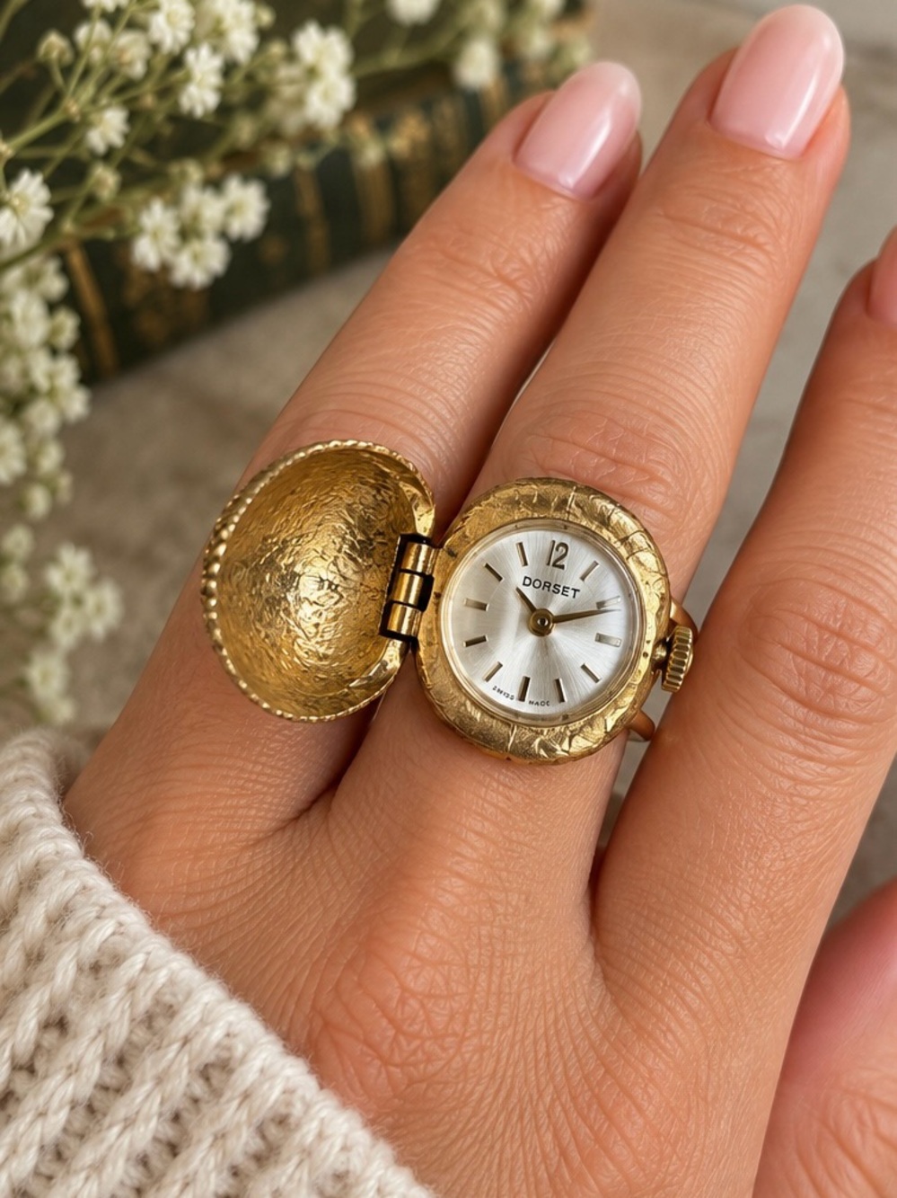 Vintage Dorset Swiss Made Hidden Watch Ring Gold Tone Adjustable Cocktail Ring